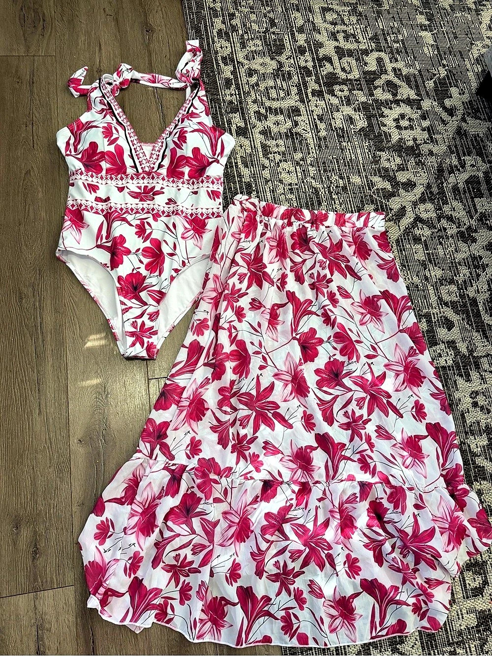 Floral One-Piece Swimsuit & Skirt in Pink & White